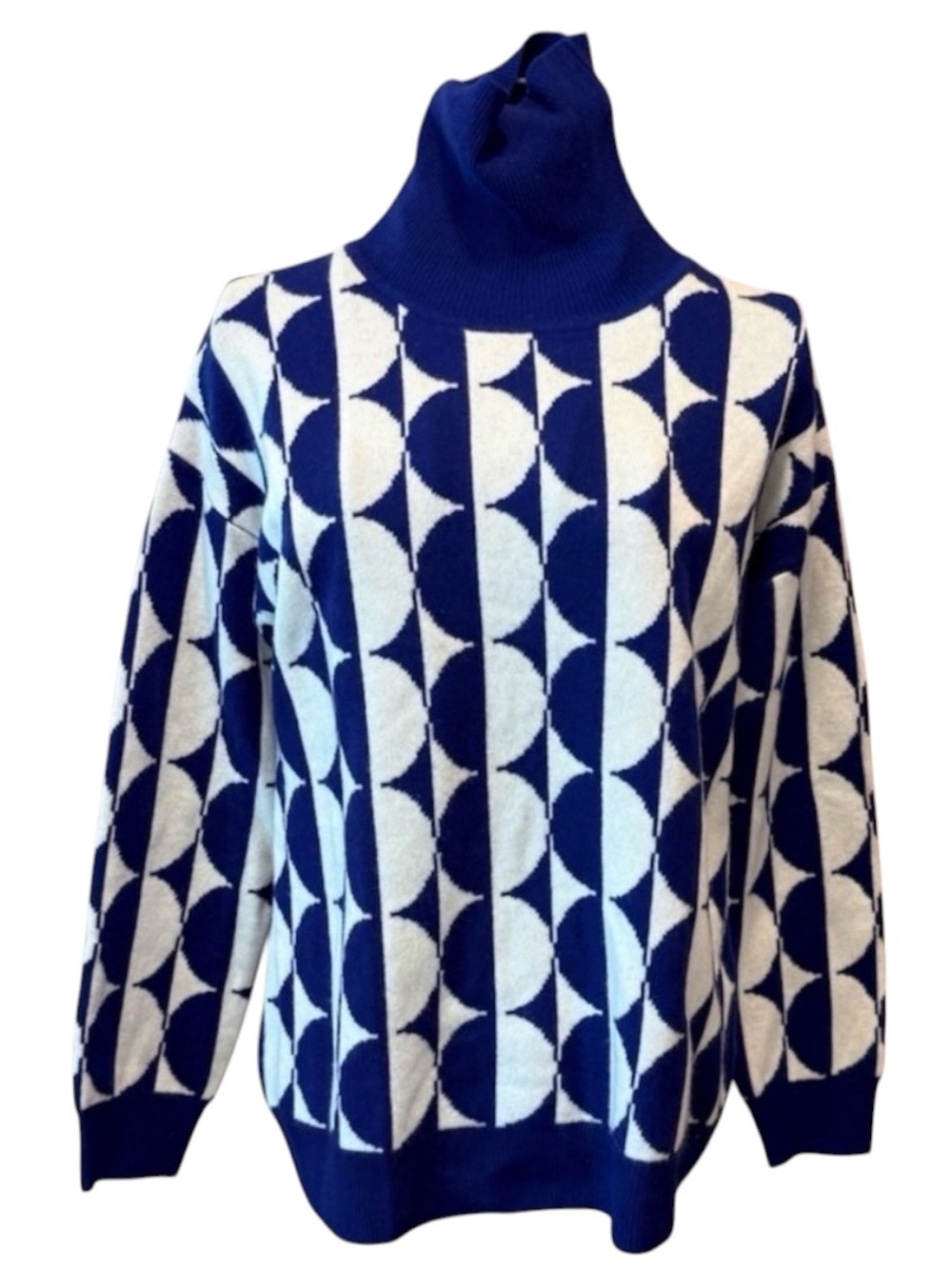 Kier + J Wool Cashmere Turtleneck Sweater Navy Ivory Geometric Knit S